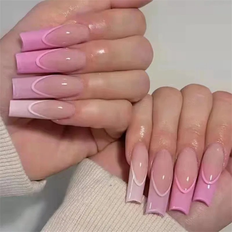 Extra-long Water Pipe-shaped Fake Nail Art Wearable Pink Heart-shaped False Nails Set ABS Plastic Removable Press on Nails 24Pcs