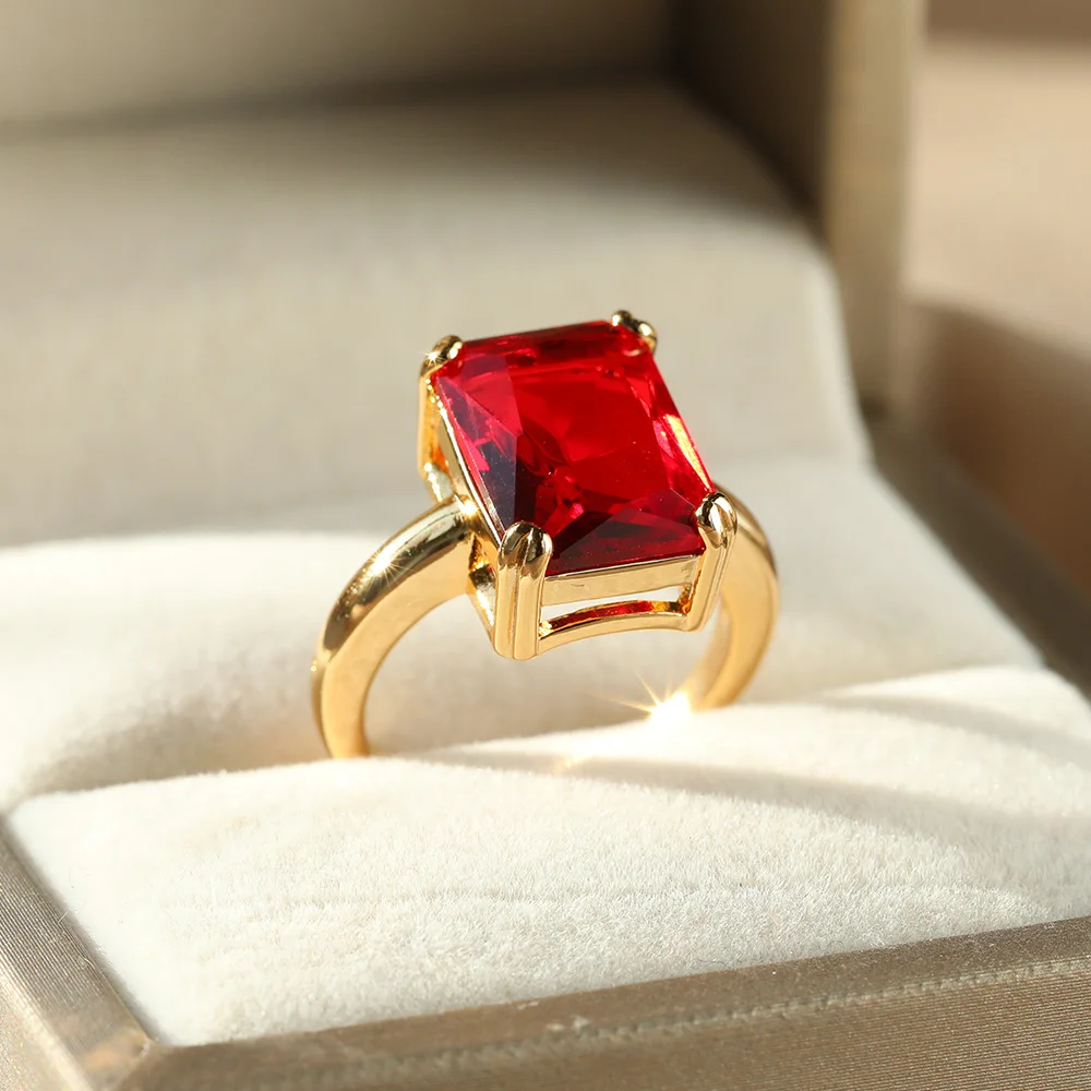 Big Red Zircon Square Stone Rings For Women Stainless Steel Square Stone Adjustable Gold Color Ring Aesthetic Punk Jewelry Gifts