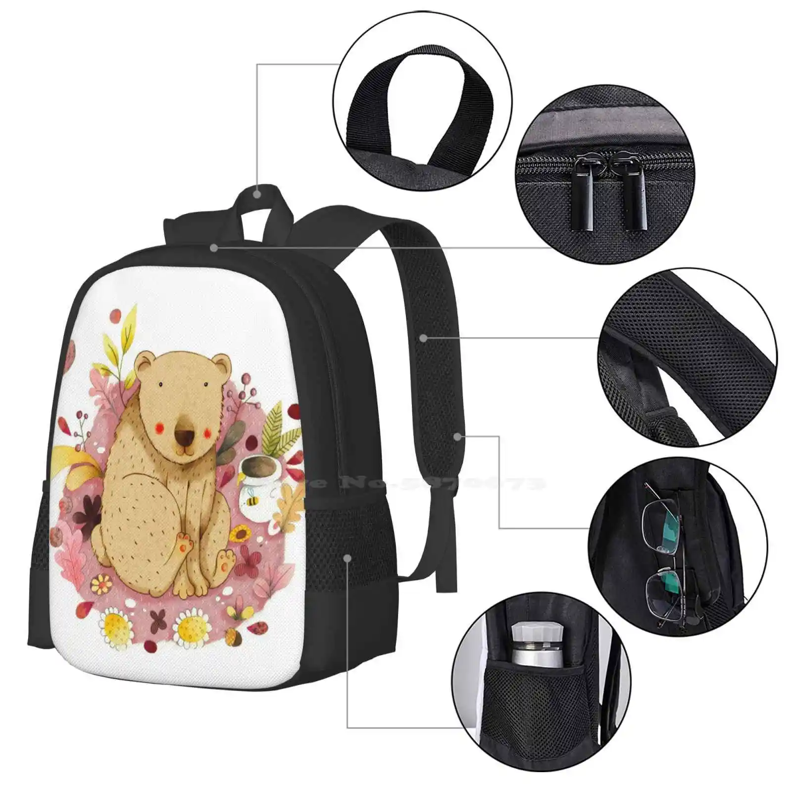 Bear With Honey-Pot Bag Backpack For Men Women Girls Teenage Bear Flowers Collage Animal Honey Pot Nature Pink Red Kids