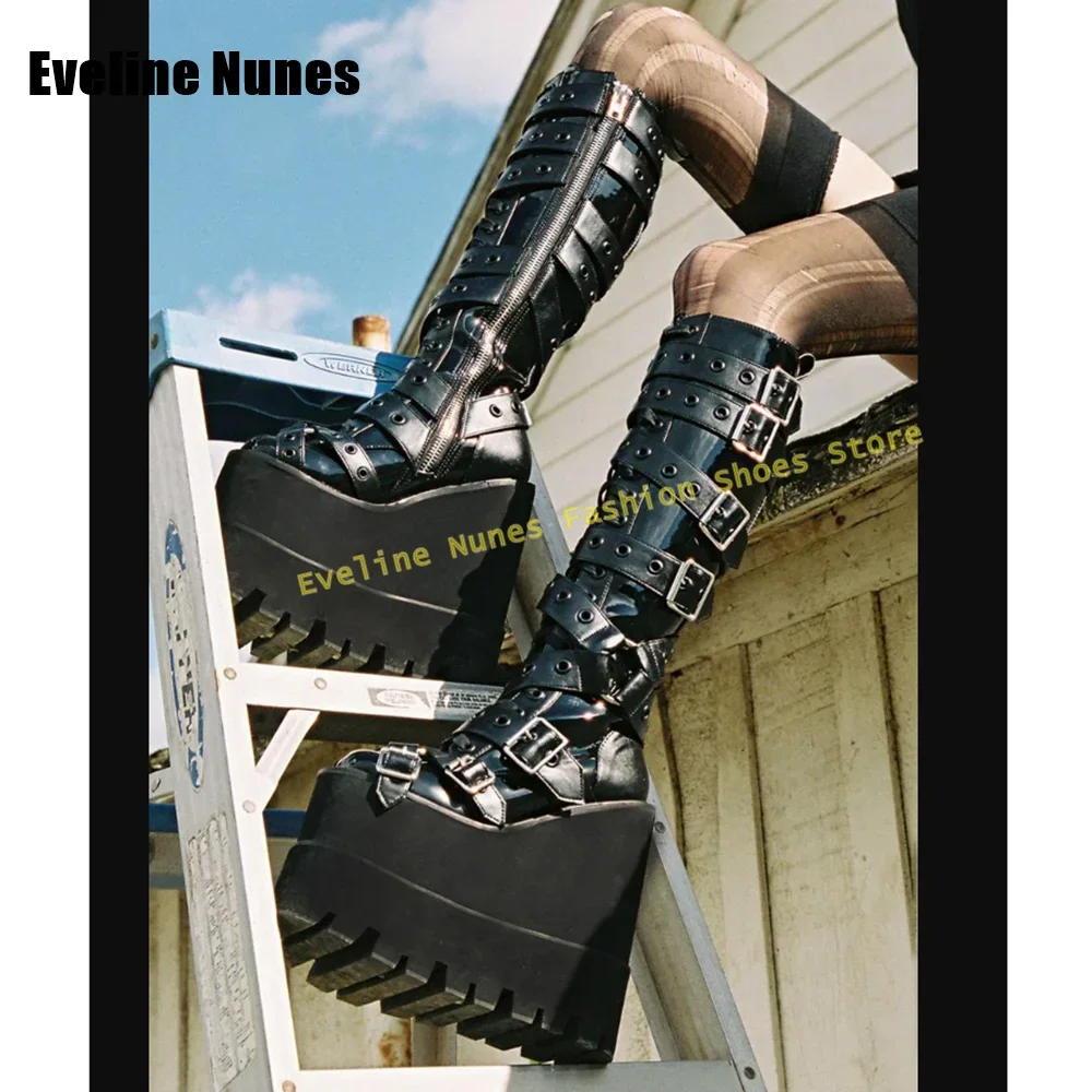 Cross Tied Spicy Girl Knee High Boots Trend Belt Buckle Platform Punk Motorcycle Boots Round Toe Thick Sole Height Increasing