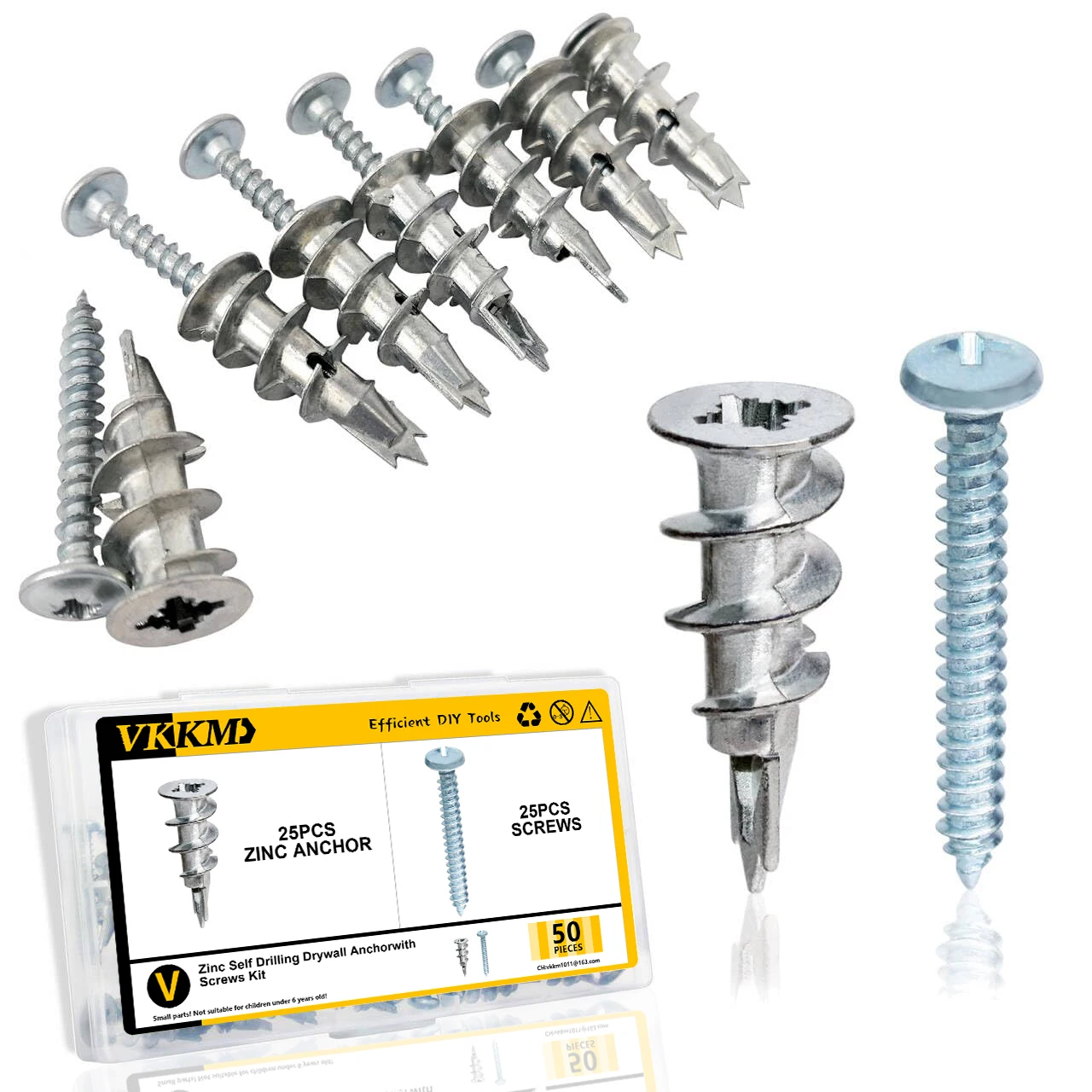 Zinc Self-Drilling Drywall Anchors with Screws Kit, 25Pcs Heavy Duty Metal Wall Anchors and 25Pcs#8 x 1-1/4'' Screws