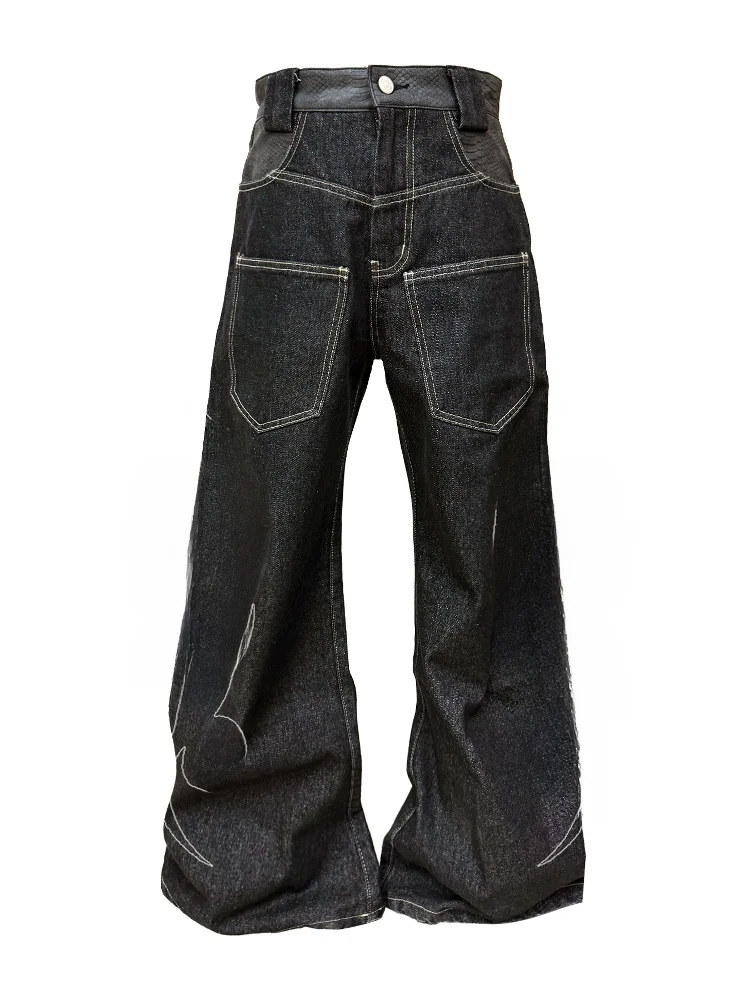 Trendy Men's Wide Leg Jeans Embroidered Snake Skin Pattern Casual Commute Wear Comfortable Stretch Denim Torn to the Bone