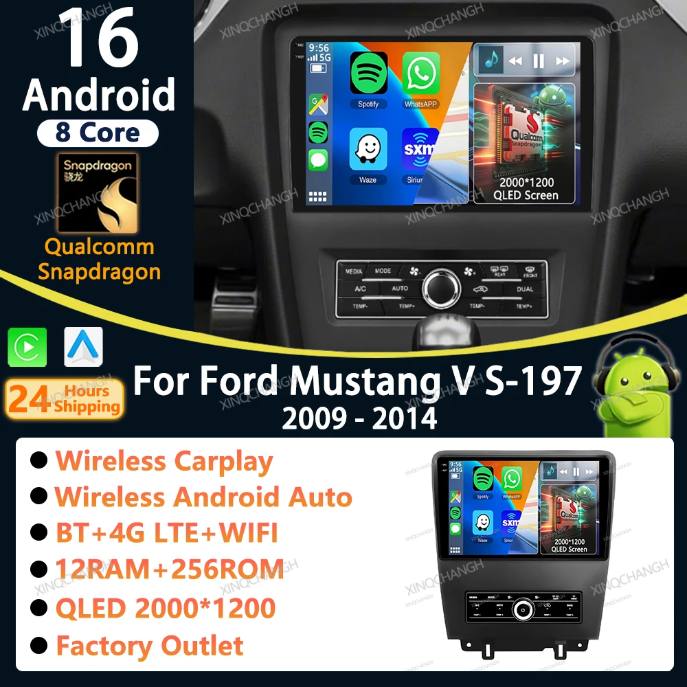 Android 16 Car Radio Carplay Auto For Ford Mustang V S-197 2009 - 2014 Player Dash Fitting Panel Kit Audio 2 DIN Stereo Video