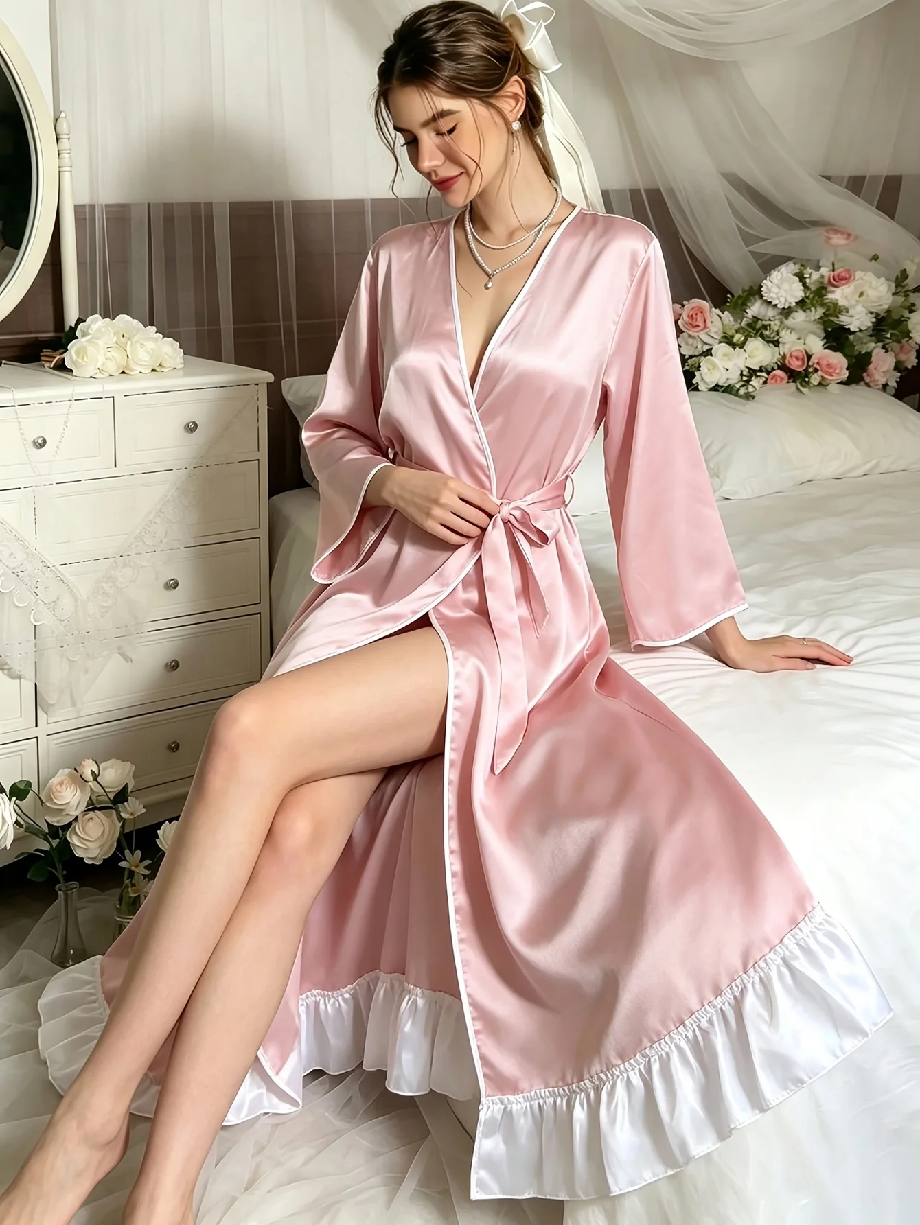 1-Piece Solid Color Elegant Women's Nightgown, Valentine's Day Romantic Long Robe, Sweet Ruffle Splicing Design Home Robe, Loose-Fitting Women's Robe with Belt, Bathrobe, Wedding Robe, Bridesmaid Dress, Loungewear