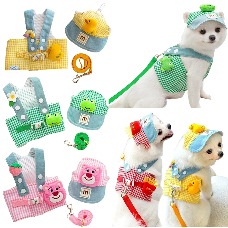 Pet Harness Leash Sun Hat Set Cute Kitten Puppy Outgoing Clothes Dog Cat Pulling Rope Cap Three-piece Set Pet Supplies