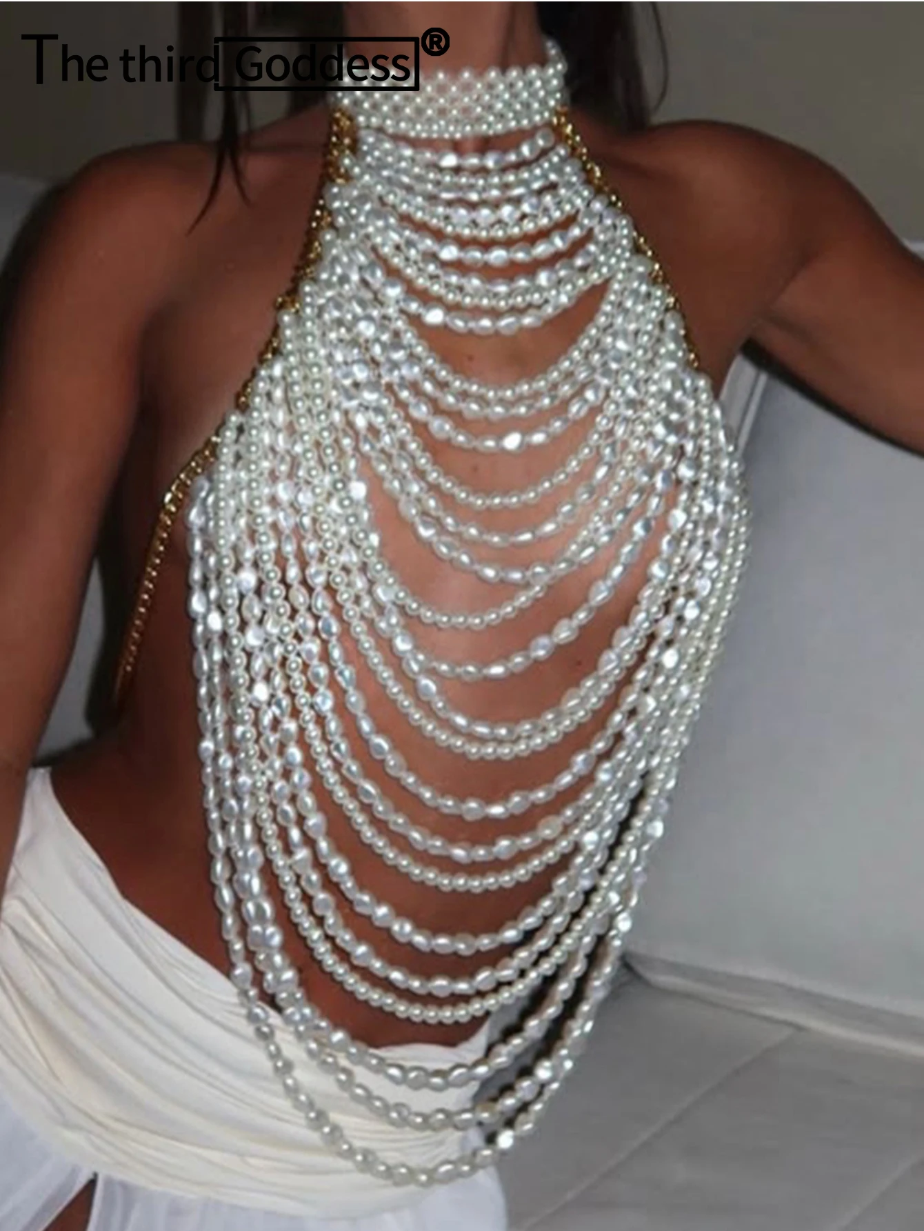 Sexy See Through Metal Chain Corset Crop Top Women Summer Pearl Beading Halter Tanks Top Nightclub Party Tops for Woman Clothing