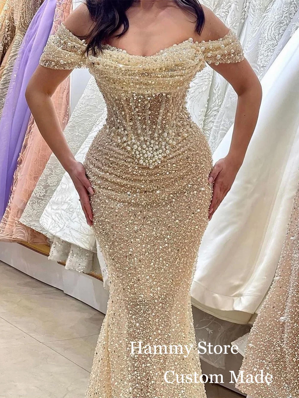 Pearls Evening Dress for Weddings Customized Off The Shoulder Sweetheart See Through Sequined Mermaid Prom Gown Dancing Dress