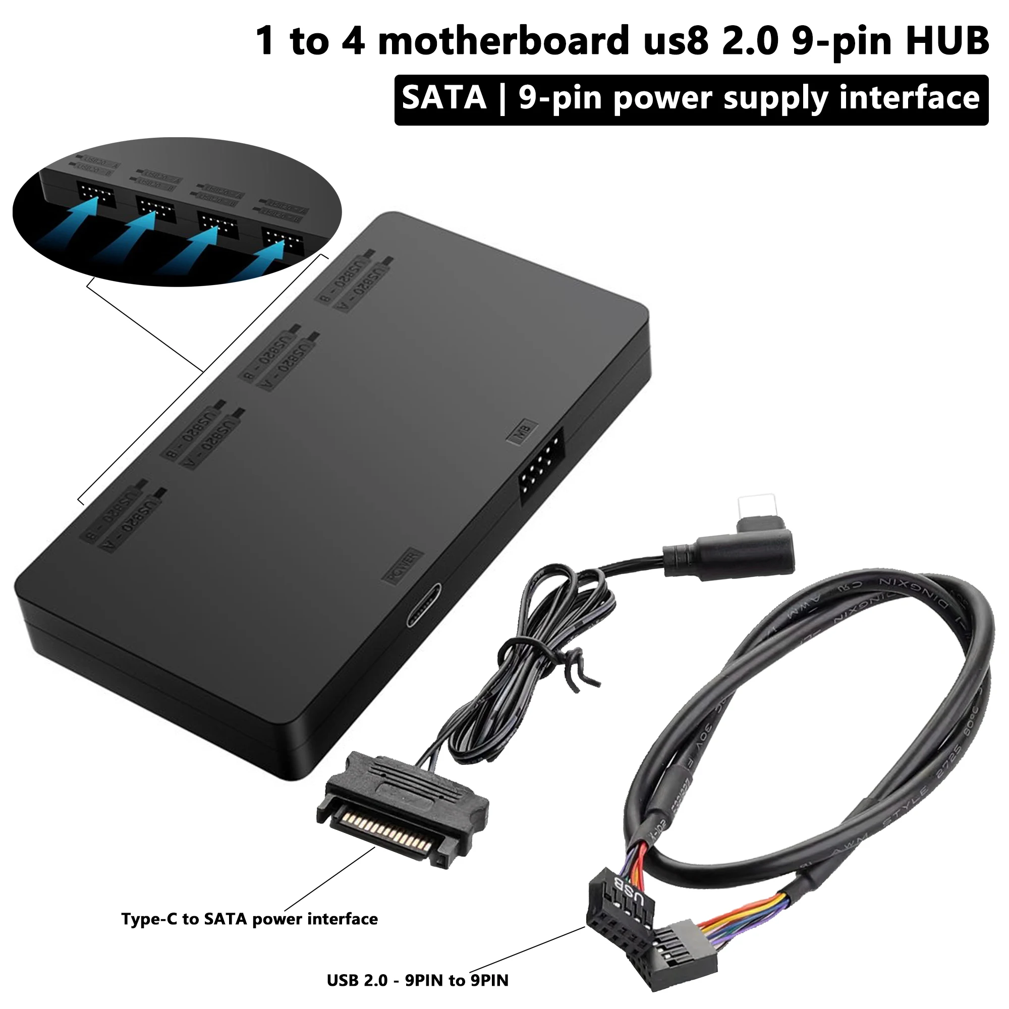 Internal USB 2.0 9PIN Hub 1 In 4 Splitter SATA to Type‑C Independent Power Magnetic Suction For PC Case Front Panel Expansion
