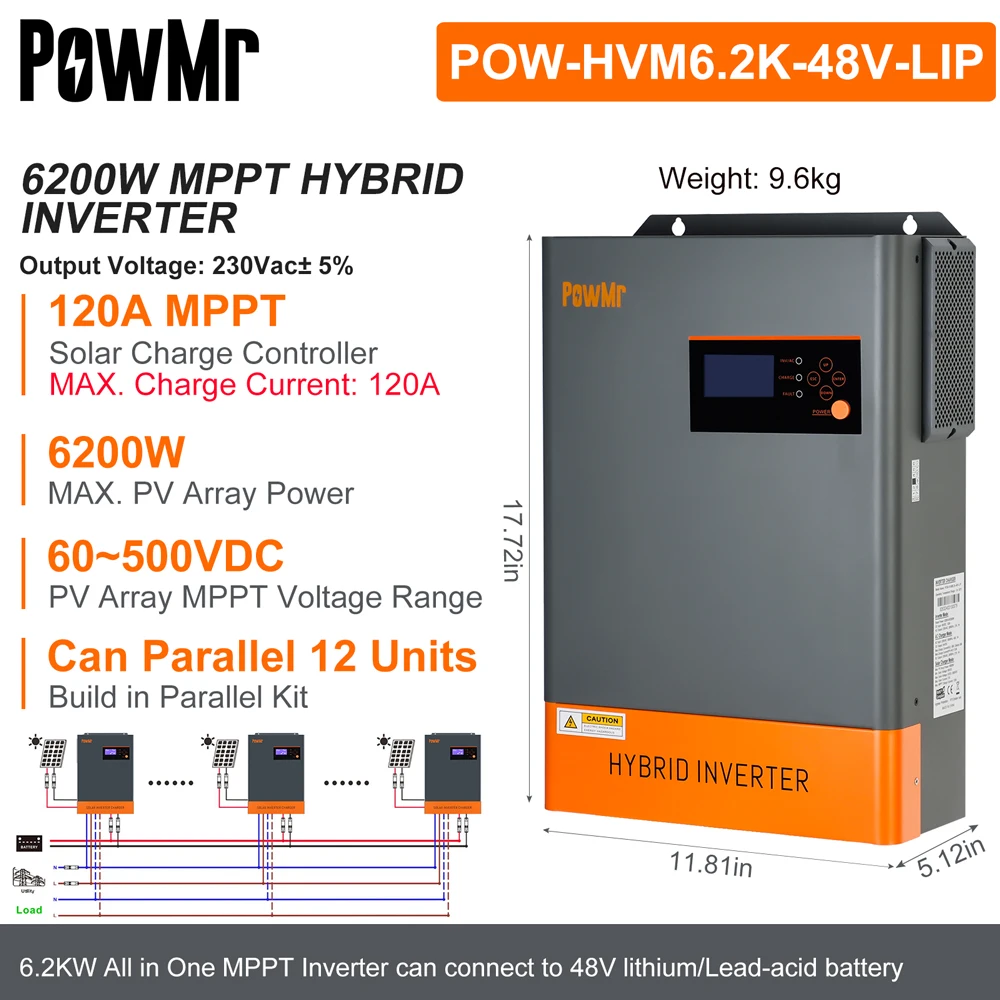 PowMr 6,2 kW hybride zonne-omvormer 48V 220V off-grid omvormer met MPPT 120A oplader werkt zonder batterij parallel tot 12 eenheden