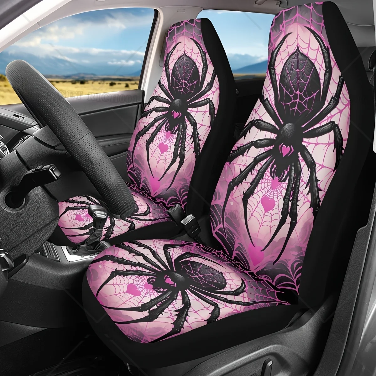 Gothic Set of 2 Pink Spider-Patterned Car Seat Covers, Suitable for Both Men and Women Designed To Fit Most Front Seats in Cars