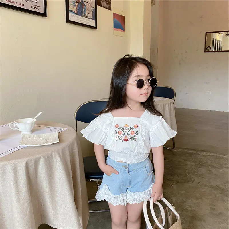 Girls' Set Embroidered Lace Trim Short Top with Denim Shorts25Summer New Foreign Trade Children's Wear Delivery