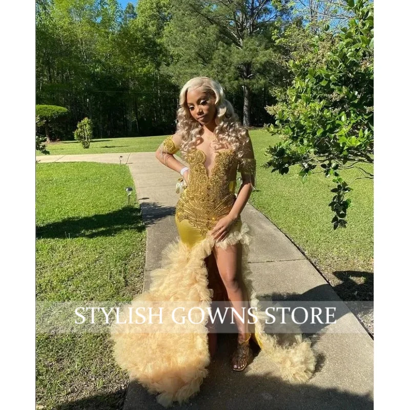Sexy Lace Split Prom Dress Champagne Sparkling Diamante Beaded High Split Customized Party Dresses