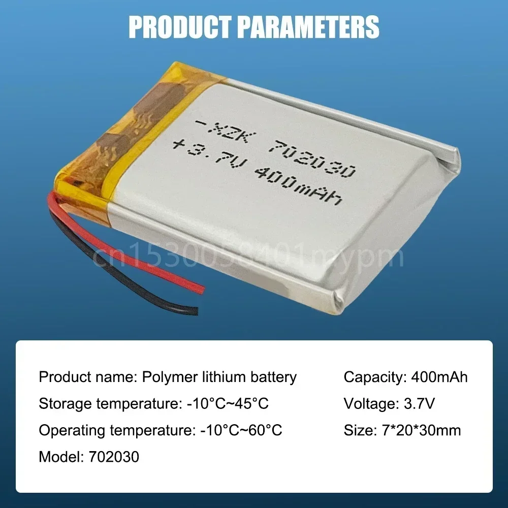 702030 3.7V 400mAh Lithium Polymer Rechargeable Battery for MP3 DVD GPS Scale Sprayer Watch Camera Bluetooth Headset Cell Toys