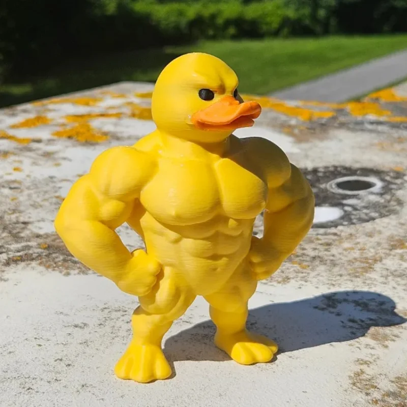 Funny Muscular Yellow Duck Statue 3D Printed Strong Duck Figurine, Hands On Hips Animal Sculpture, Desk Decoration
