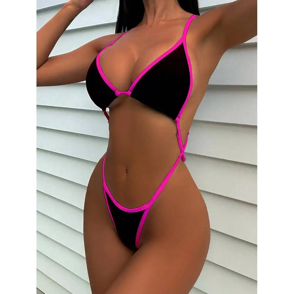 Cikini Summer Beach Women's Contrast Trim Halterneck One-Piece Swimsuit Sexy Swimwear Bathing Suit