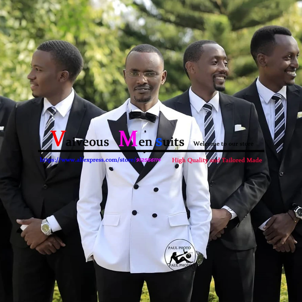 

Fashion Mens Suits Double Breasted White Wedding Suit For Men Black Peak Lapel Blazer Jacket Pants 2 Piece Costume Homme Mariage
