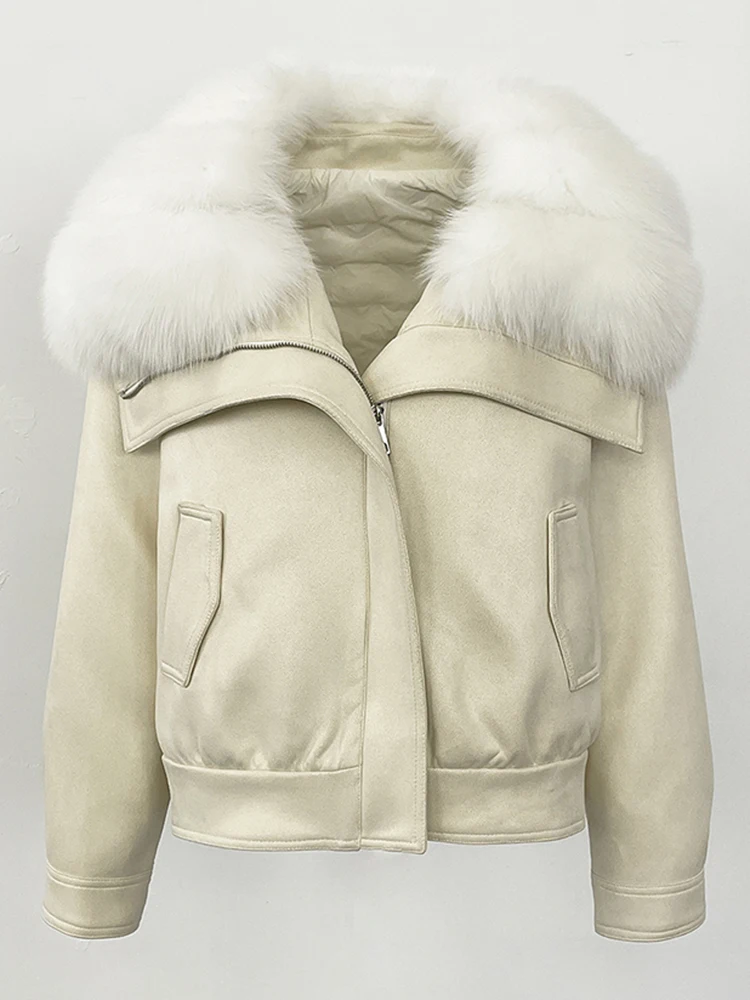 2025 Women Fashion Short Down Coat Big Real Fox Fur Collar Lady Warm Suede Fur Puffer Jacket New Winter Clothing Female