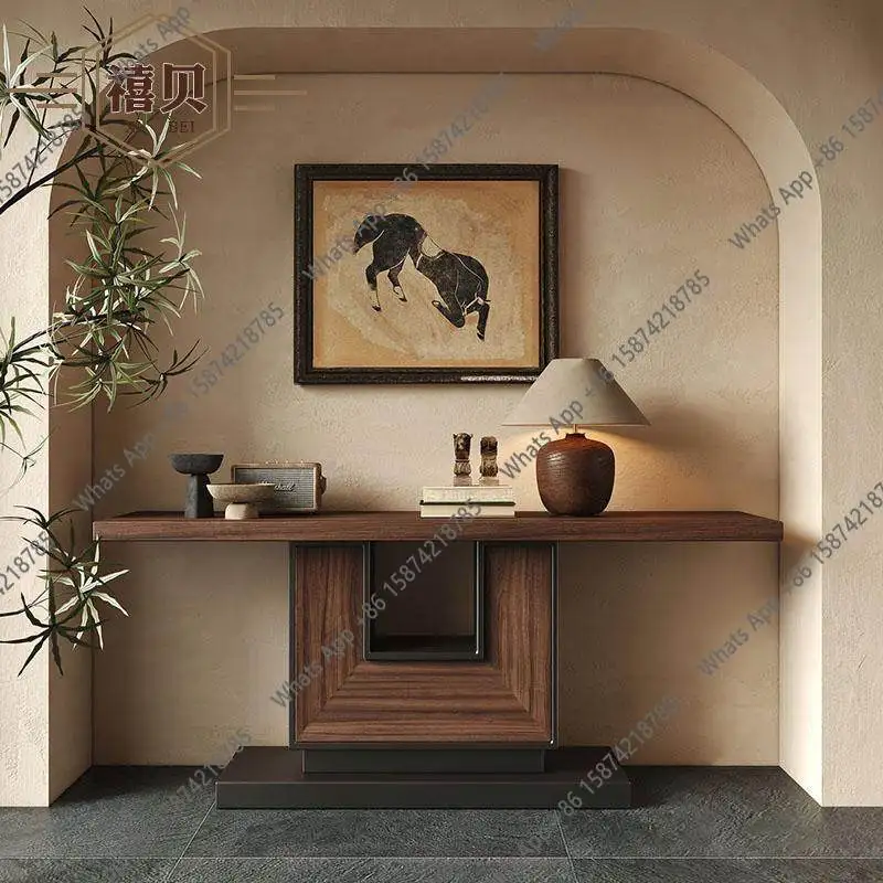 h solid wood Medieval log wind entry foyer porch end view table hotel lobby  case table designer model