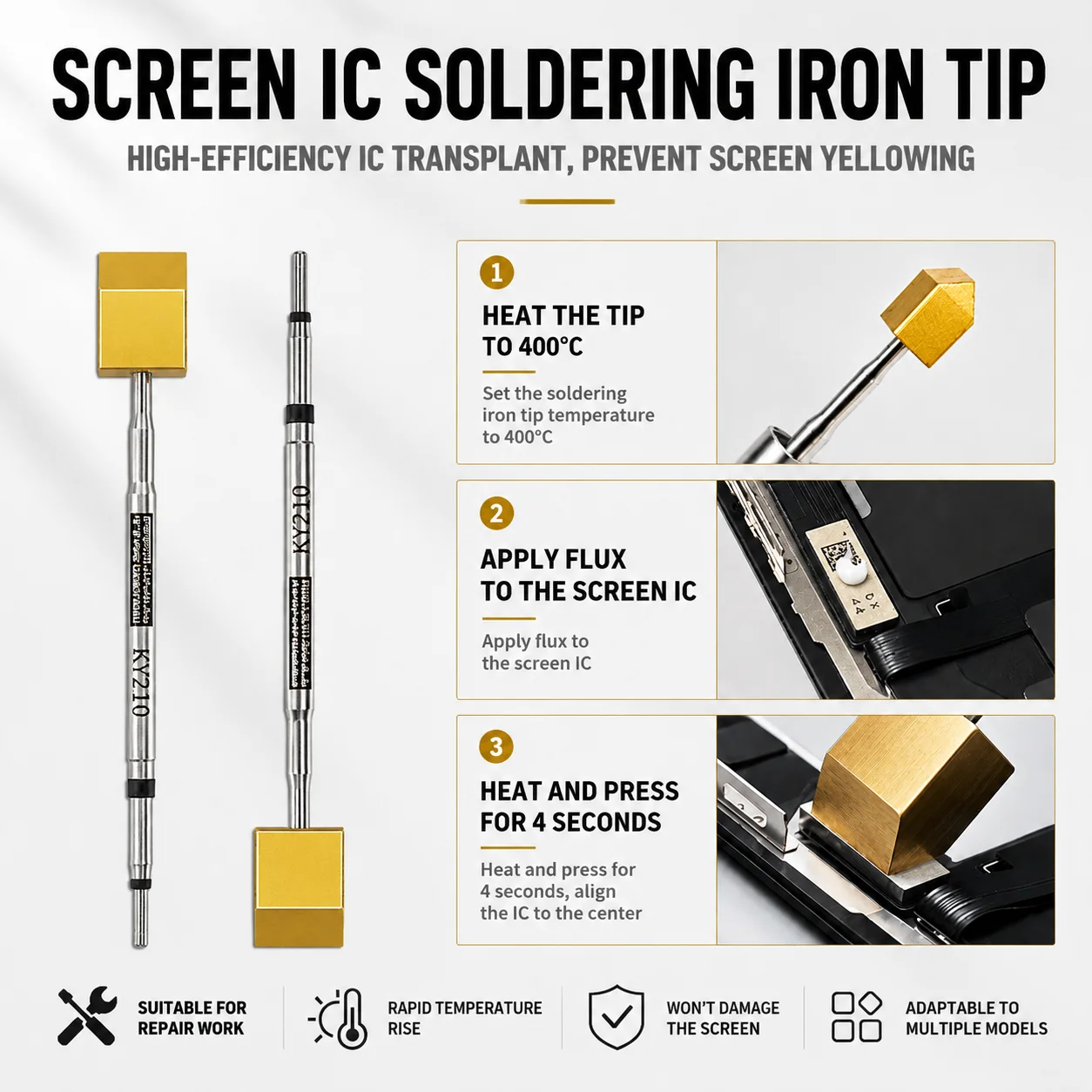 KEGUAN KY210 Soldering Tip Fast Heating 400C Square Head for iPhone 11-17 Series Screen IC Transplant Repair Prevent Yellowing