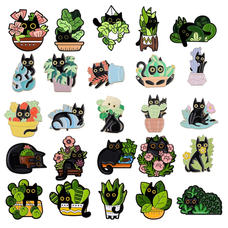 Creatieve Cartoon Zwarte Kat Geluk Bamboe Email Spelden Bloem Cactus Potjes Metalen Broche Badge Leuke Leuke Revers Sieraden Geschenken Voor Kind