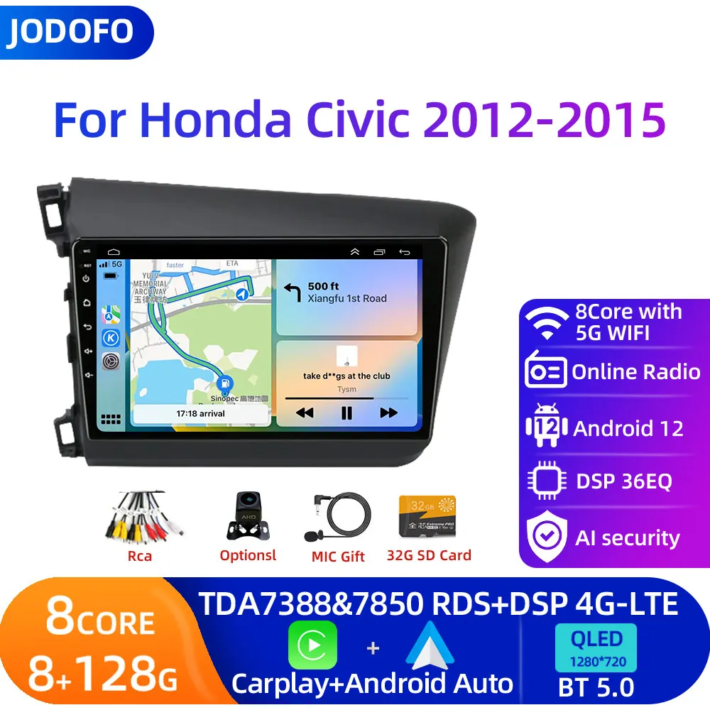 

Jodofo For Honda Civic 2012-2015 Carplay 2 Din Android 11 Car Radio Multimidia Video Player Navigation GPS Head Unit Stereo DVD