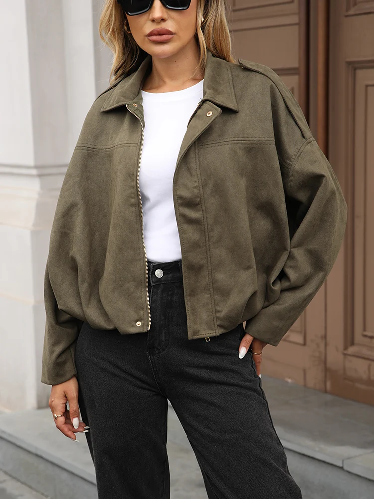 Ailegogo New Spring Women Loose Faux Suede Green Coat Casual Female Zipper Jacket Outwear