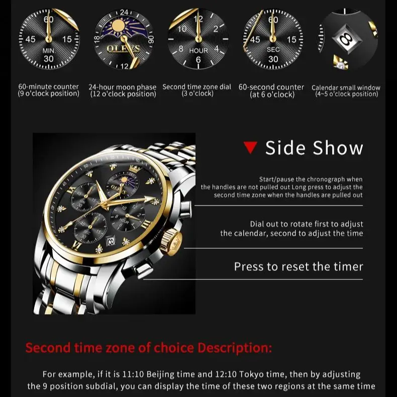 OLEVS 3655 Reloj de cuarzo de lujo para hombre, Reloj con sincronización de fase lunar a escala romana, Reloj con calendario luminoso resistente al agua, Reloj de marca para hombre