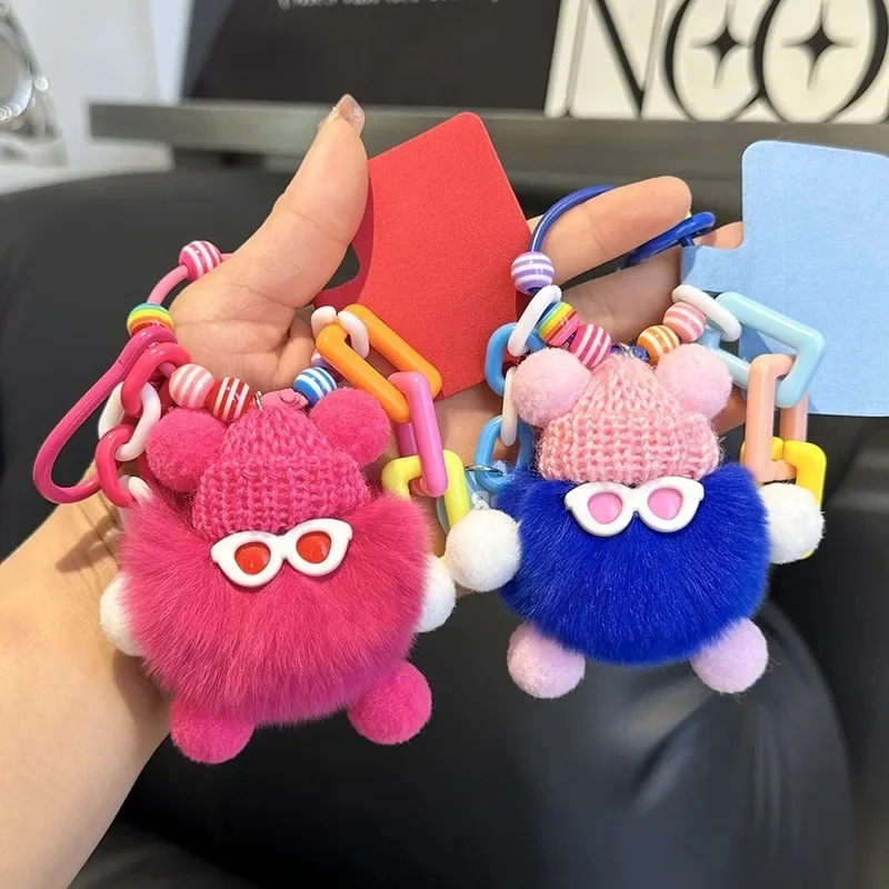 Real Rabbit Fur Keychain Cute Coal Ball Monster Plush Doll Pendant for Bag Backpack Phone Car Keys Hanging Ornament Soft Touch F