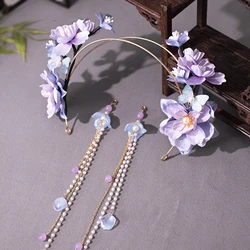 Temperament Hair Hoop Long Tassel Hairband Purple Floral Headbands Chinese Hanfu Hair Accessories Retro Bridal Prom Hair Jewelry