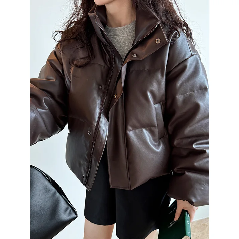 Winter New Brown PU Leather Cotton Down Coat Women's Thicken Stand Collar Japanese Korean Leisure Loose Style Down Coat