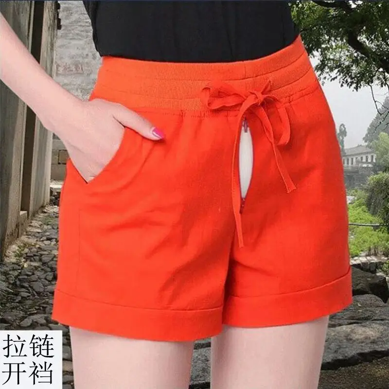 

Shorts Women's Crotch Invisible Zipper Cotton and Linen Casual Pants Open Summer Thin Outdoor All-Matching Personalized Free Off