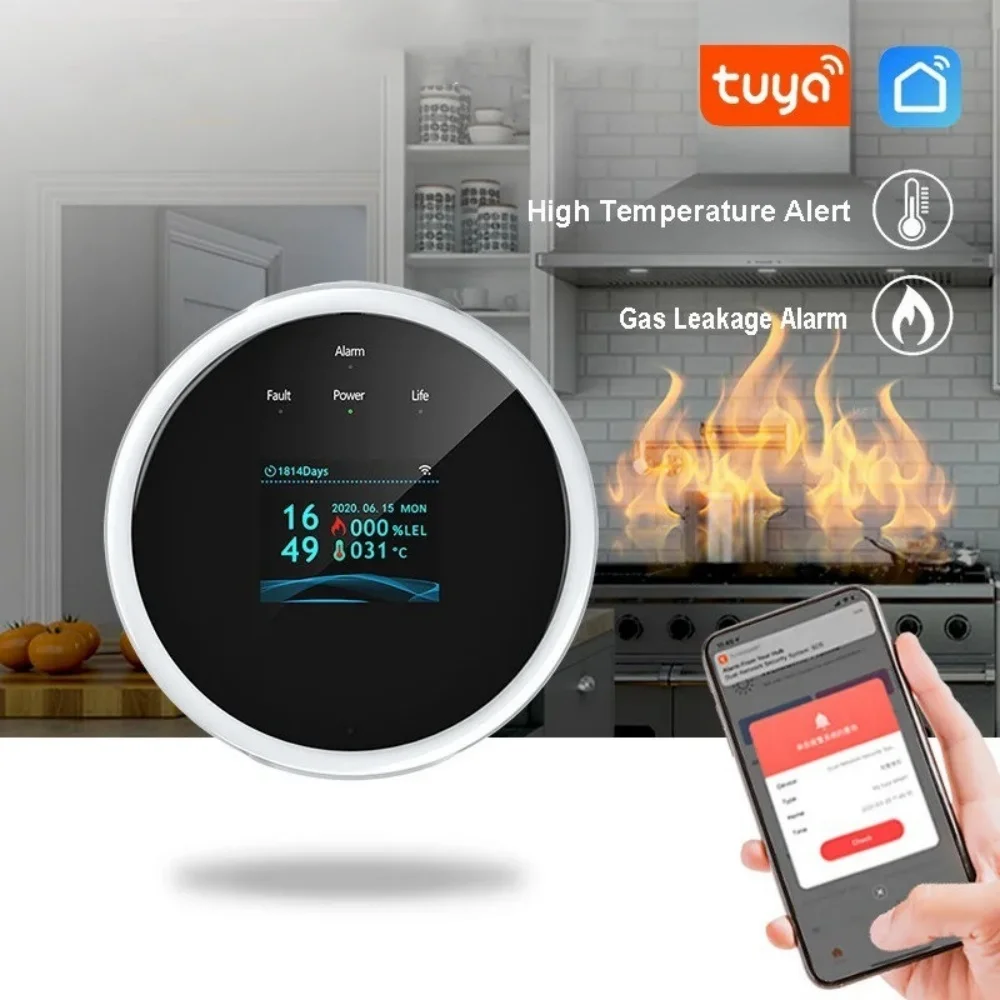 WiFi Tuya App Function Kitchen Natural Gas Leak Alarm Sensor Temperature LCD Digital Display Sound Siren Combustible Detector