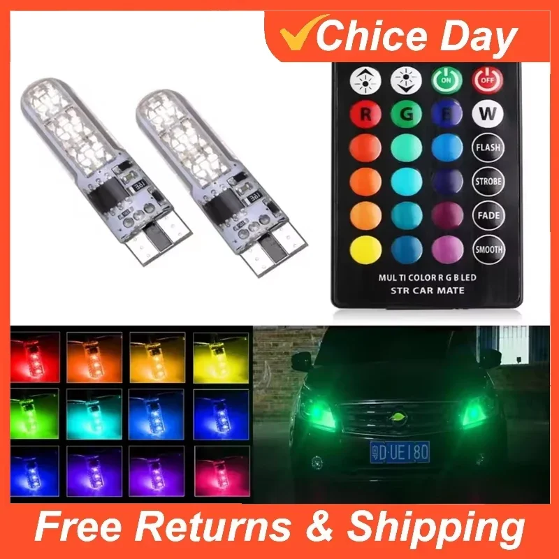 T10 W5W LED Bulbs - 6SMD 5050 RGB 7-Color Waterproof Side Lights with Battery-Free Remote & Strobe Modes Amagi