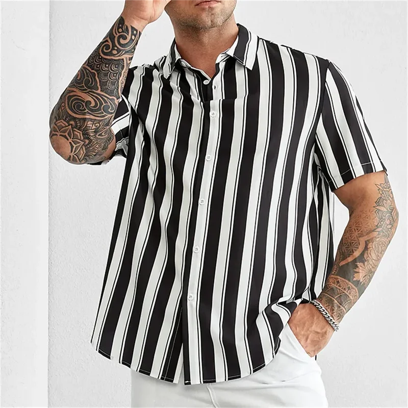 Hawaii Shirts For Men Summer Casusal Striped Print Shirt Short Sleeve Oversized Street Mens Designer Clothing Camisas De Hombre
