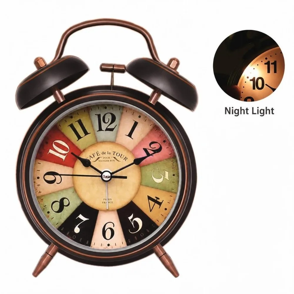 4 Inch Retro Alarm Clock Black&Gold Silent Movement Desktop Clock Easy Operate with Night Light Ringing Alarm Clock Bedroom Use