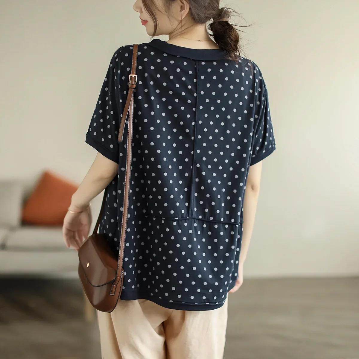 Summer New Fashion Women\'s Polka Dot Print Cotton T-shirt Female Short Sleeve Vintage Patchwork Casual Loose Pullover Daily Tops