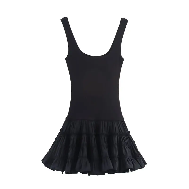 Vestido F de Outono Nova Coleção Versátil com Detalhes em Camadas e Decote Quad Sem Alças em Material de Aodão e...