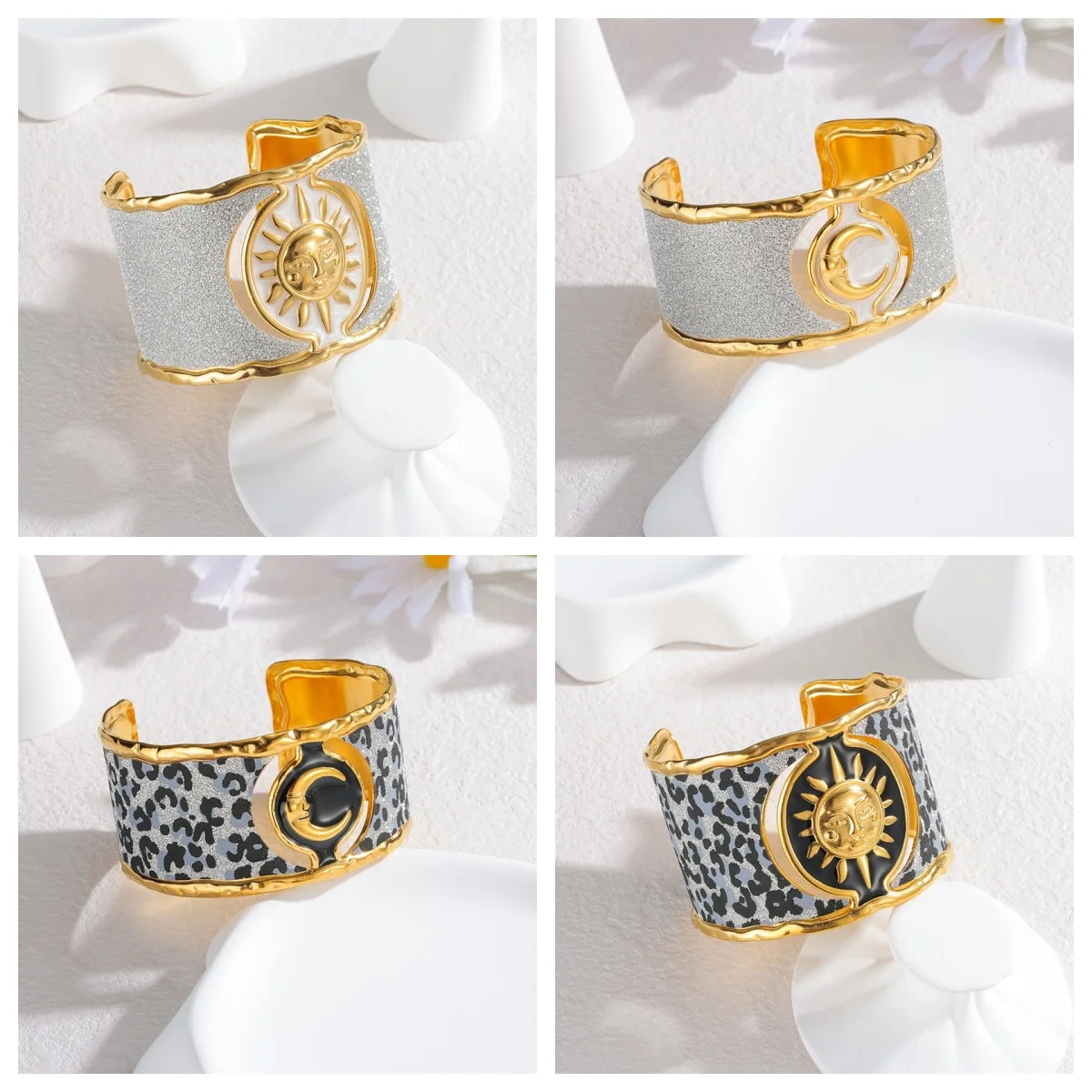 

Bohemian Stainless Steel Cuff Bangle Enamel Sun Moon Evil Eye Leopard Open Bracelets Women Fashion Sexy Black Jewelry Outfits