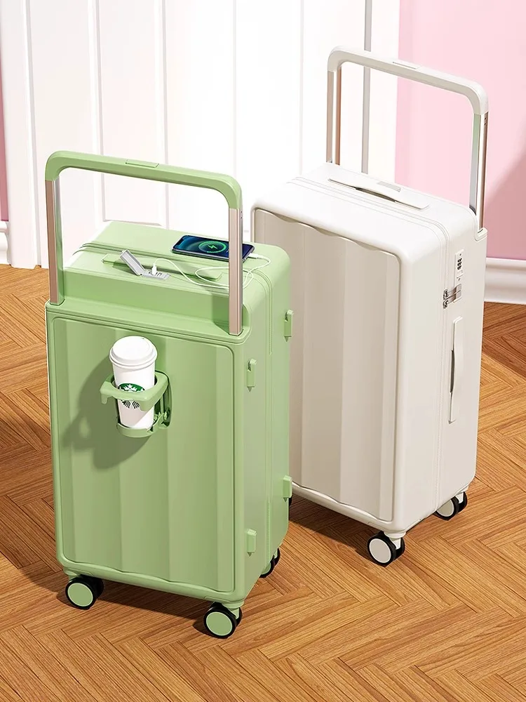 Wide Pull Rod Suitcase Female New Thickened Durable Rolling Luggage Students Trolley Case with Cup and Phone Holder USB Port