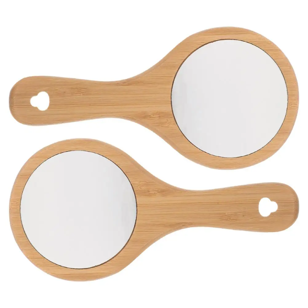 

2 Pcs Handheld Mirror Light Brown Portable Wooden Handle Makeup Mirrors for Bathroom Haircut Travel Beauty Tools