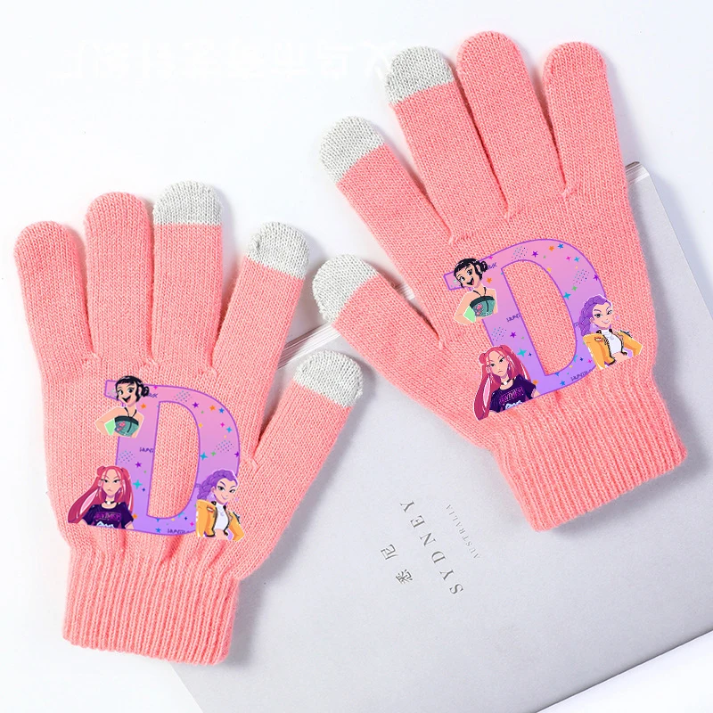 Kpop Demon Hunters Modische Strickhandschuhe für 5–15 Jahre alt, Cartoon-Buchstaben bedruckte Fäustlinge, Winter, winddicht, warme Handschuhe, Geschenke