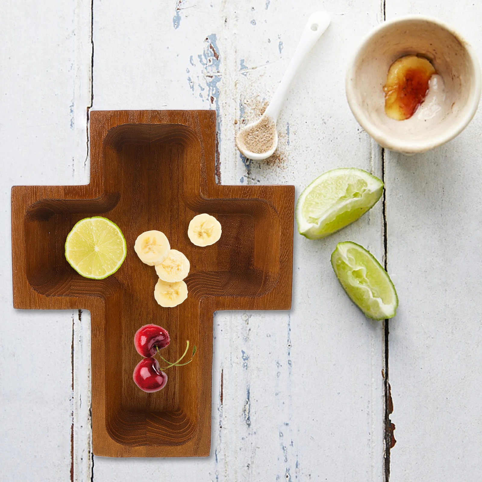 

Wooden Bowl Tray Cross Shape Black Color Large Capacity Easy Clean Dessert Serving Snacks Tray Fruit Cake Trays