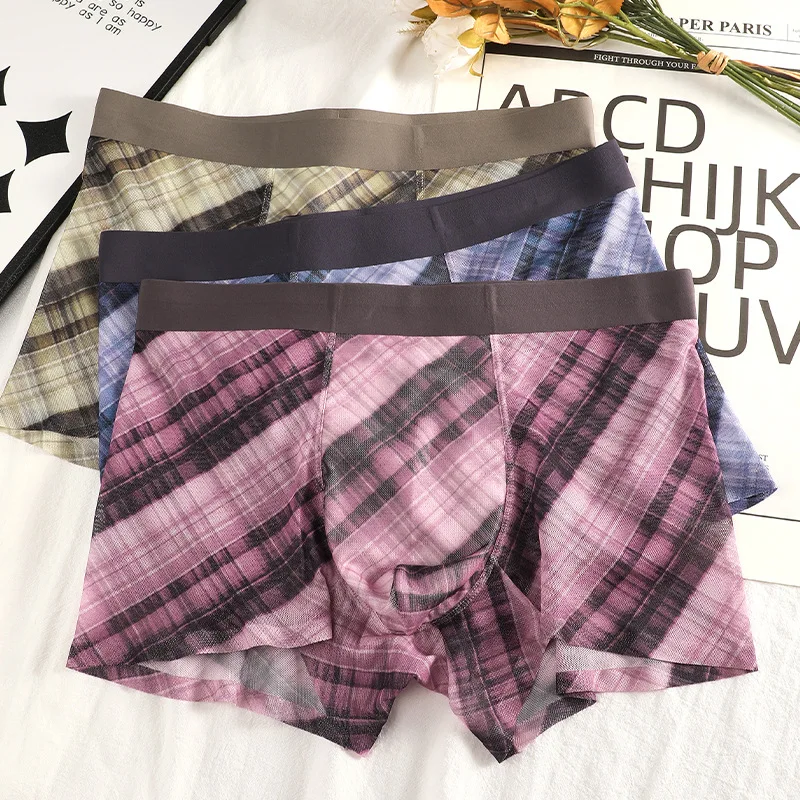 

Ice Silk Mesh Men's Underwear New Style Plaid Seamless Boxer Shorts Panites Male Thin Sexy Breathable U Bulge Pouch Underpants