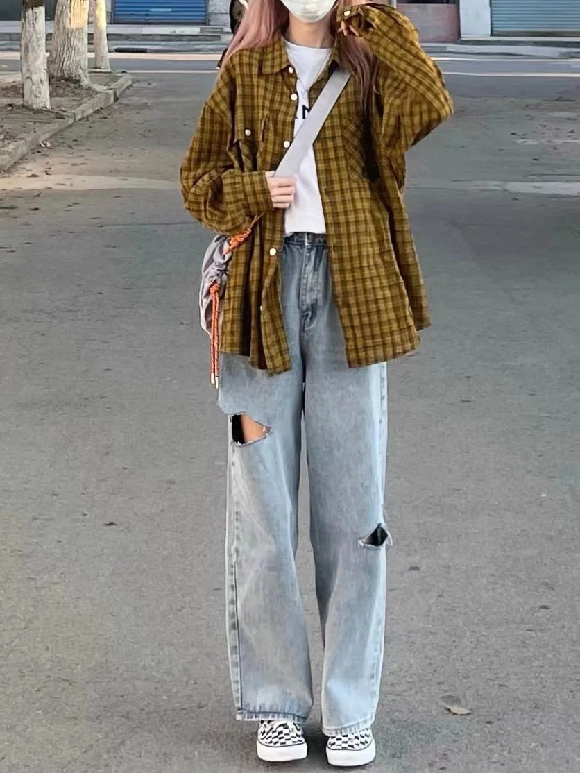 

Модная женская рубашка в клетку с длинными рукавами, свободная верхняя одежда в корейском стиле, модная повседневная одежда в стиле ретро, гонконгский стиль, повседневный дизайн