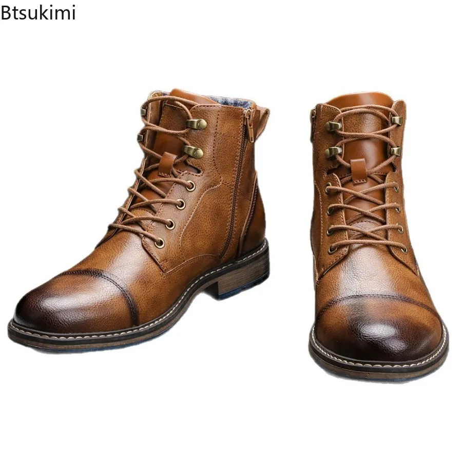 Plus Size 39-50 Ankle Boots for Men Classical Retro Leather Tooling Boots Men Leather Short Boots Fashion Lace-up High-Top Shoes