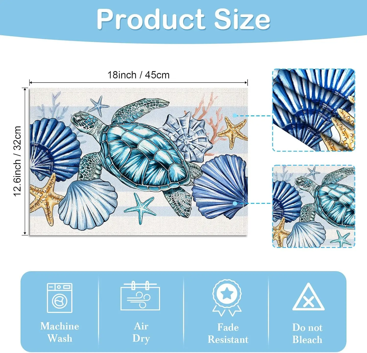 Starfish Shell Sea Turtle Placemats Set Of 4,Seasonal Ocean Coastal Washable Holiday Table Mats For Party Kitchen Dining Decorat