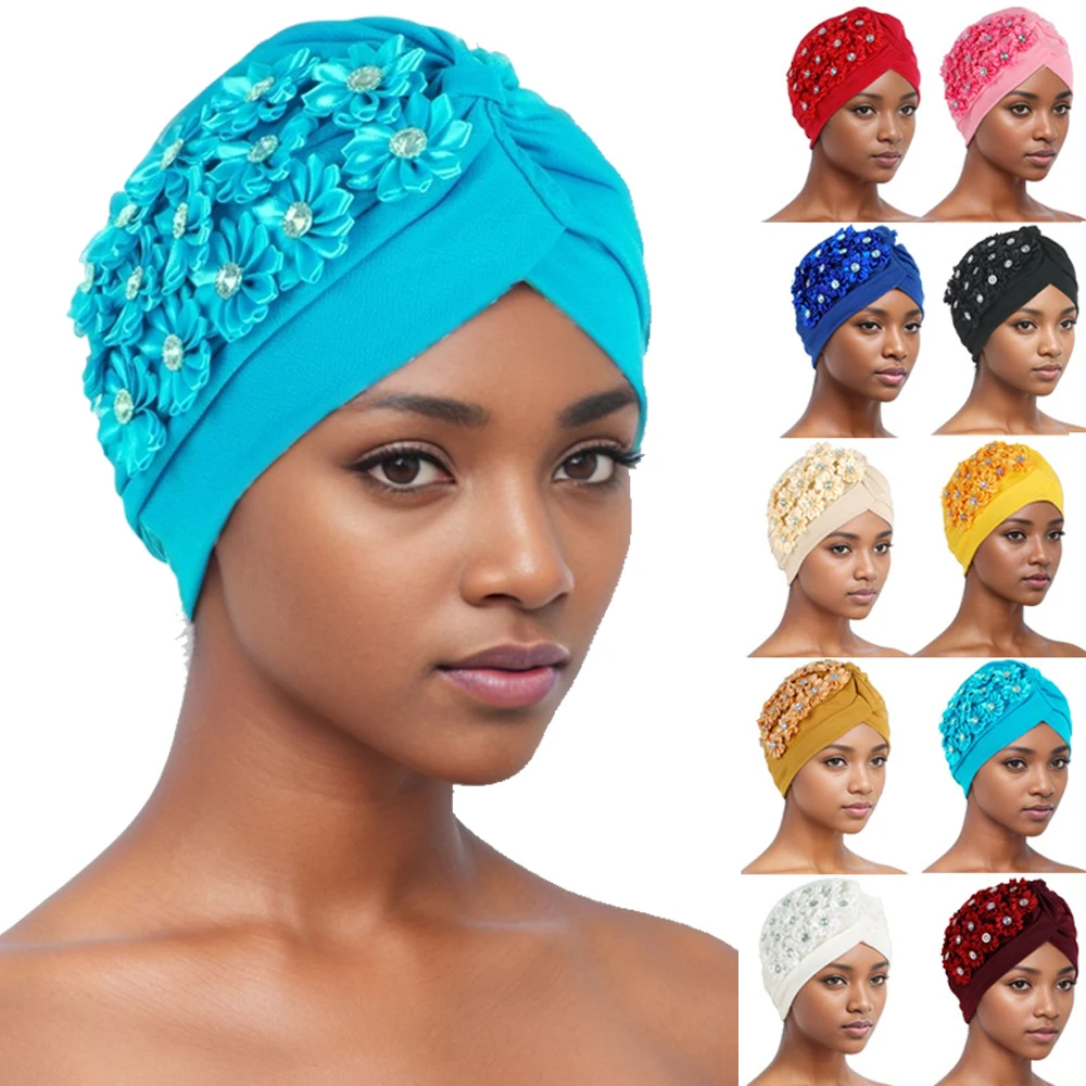 

Women Diamonds Flower Turban Muslim Hijab Chemo Cap Headscarf Bonnet Arabic Head Wrap Indian Hat Hair Loss Beanie Turbante Mujer