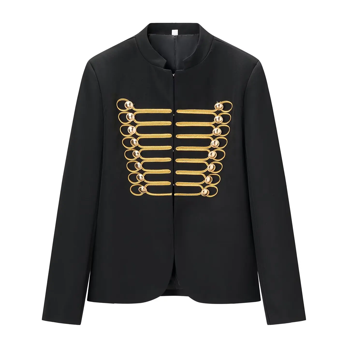 2026 Spring Autumn Women's Elegant Napoleon Knot Gold Button Jackets Lady Vintage High Street Straight Black Coats Cropped Top