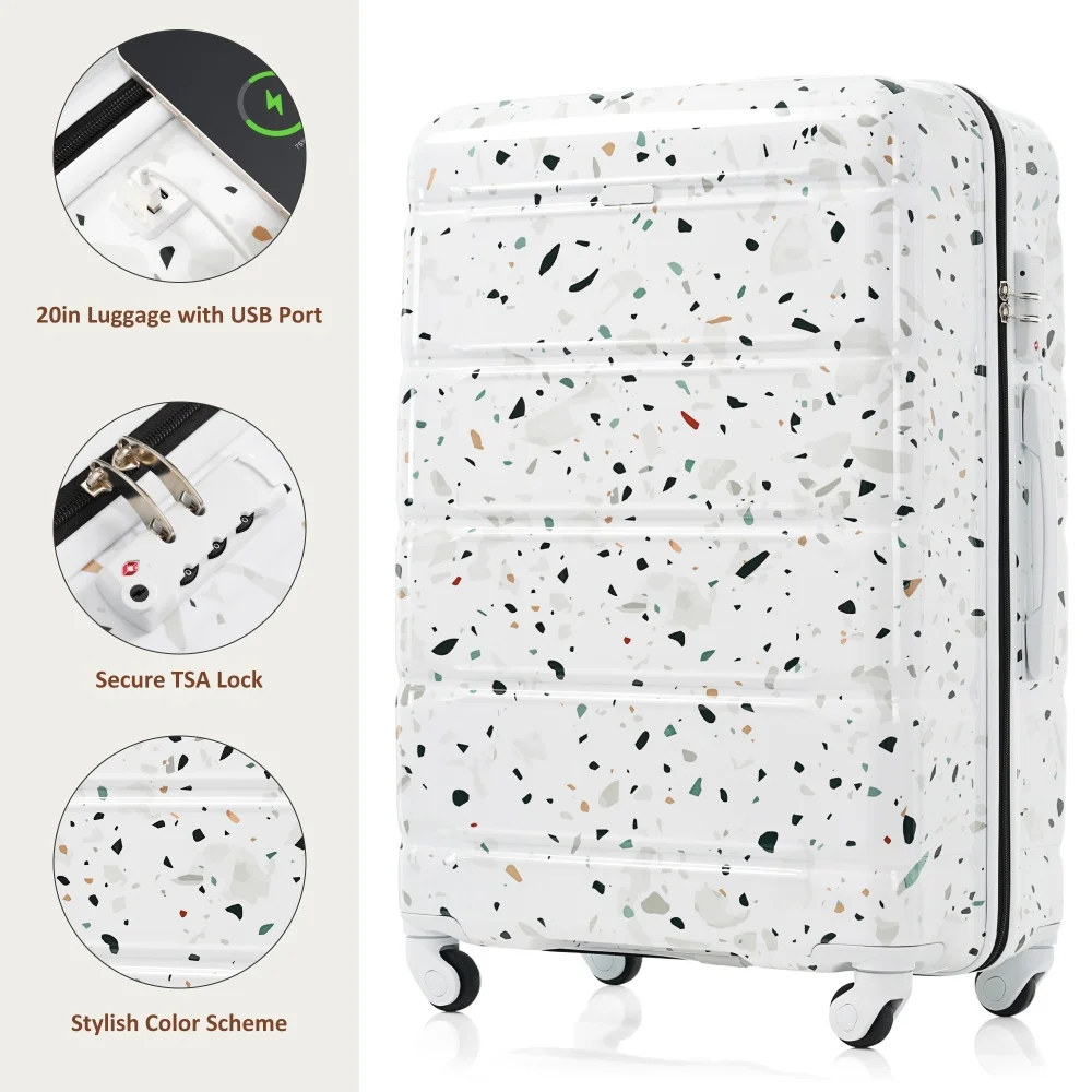 Juego de maletas de 3 ruedas giratorias para equipaje de mano con certificación de línea aérea con puerto USB de 20 pulgadas ABS + PC, color blanco cielo estrellado