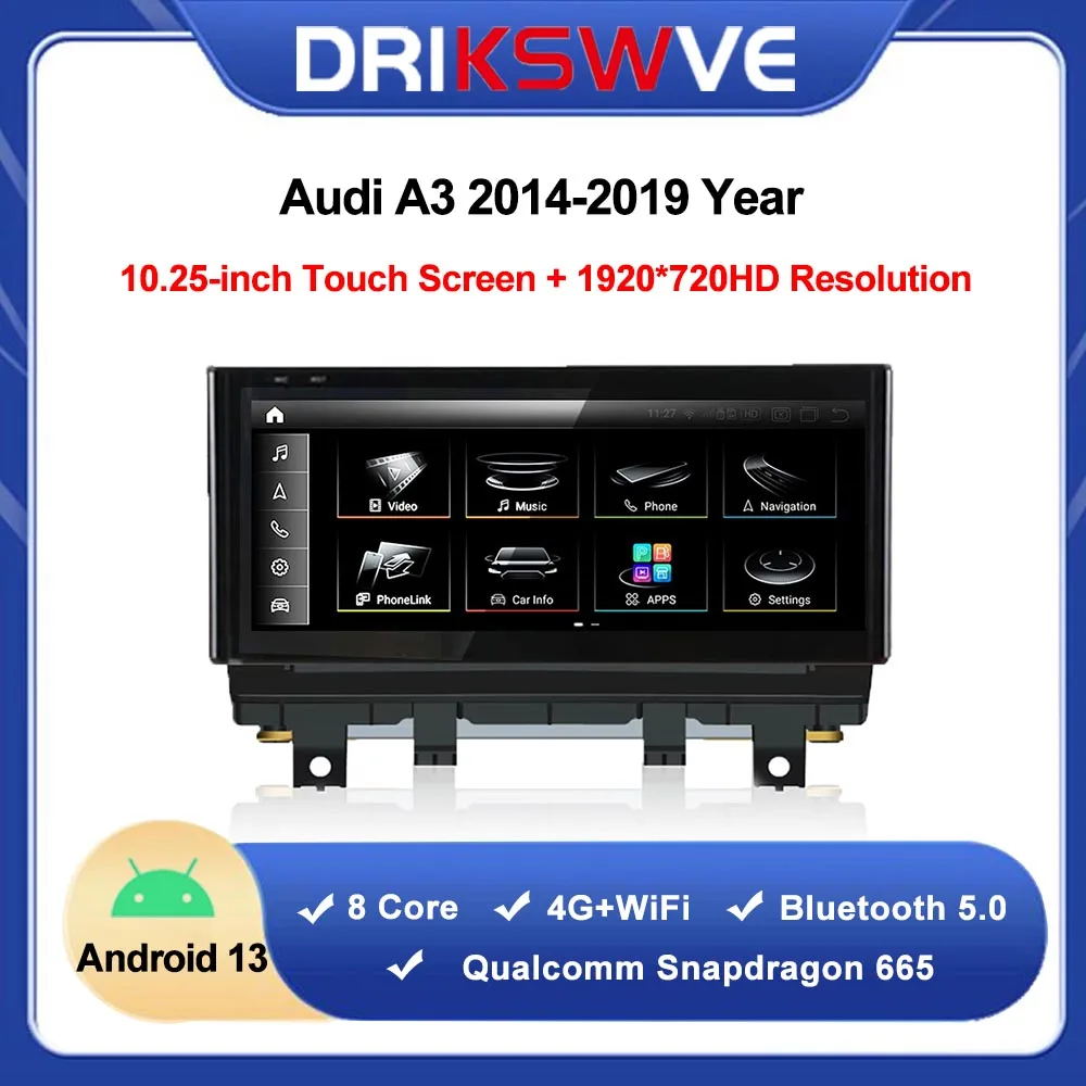 DRIKSWVE Android 13 Auto and CarPlay Screen with Snapdragon 665 8 Core 1920*720 HD Anti-Glare for Audi A3 MMI 3G 2014-2019 Year